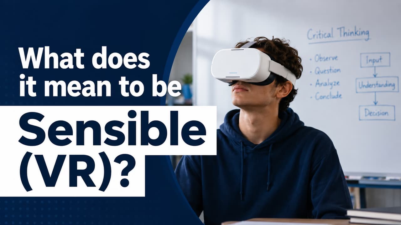 Student wearing a VR headset in a classroom with the text, What does it mean to be Sensible VR?