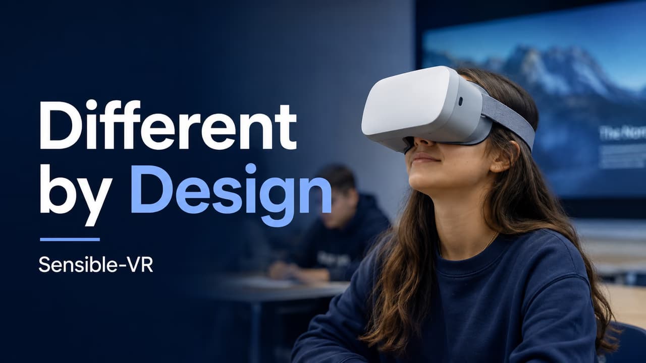 Student using virtual reality in a classroom with the text, Different by Design