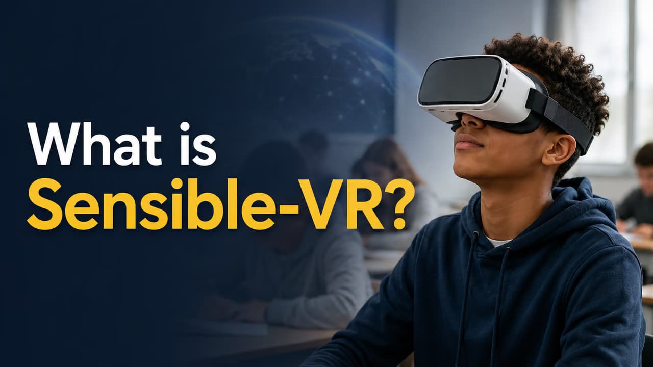 Student using a VR headset in a classroom with the text, What is Sensible-VR?