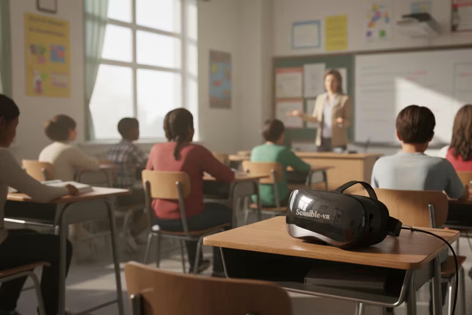 Excited students using standalone virtual reality headsets in a classroom